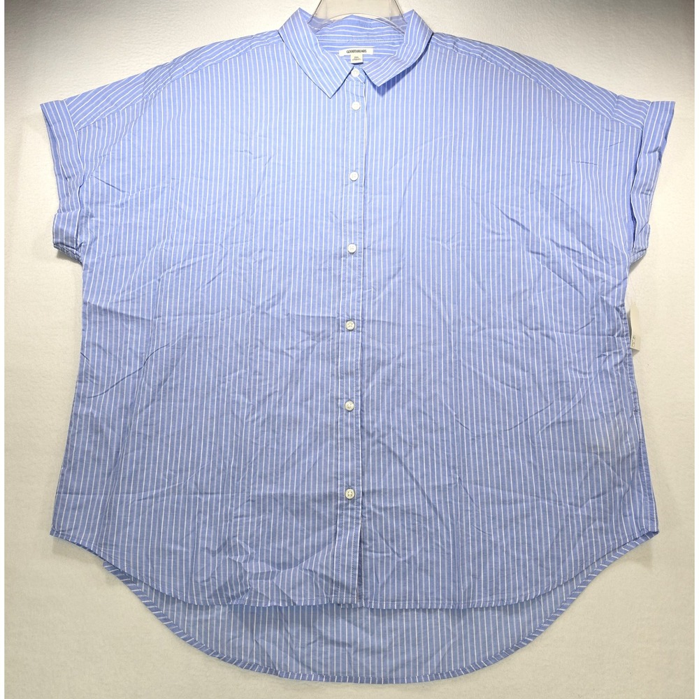 Goodthreads Women XXL Blue White Dobby Stripe Short Sleeve Button Down Shirt NEW